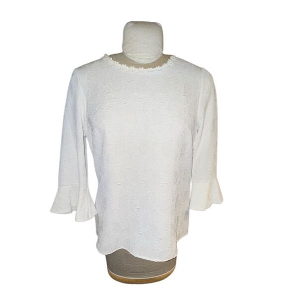 NWT Karl Lagerfeld Textured White Blouse Flower Lace Trim Sz. M Feminine - Picture 1 of 10